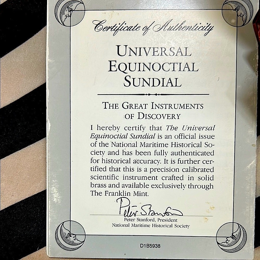 Brass Sundial Equinoctial Compass by Franklin Mint – Certificate of Auntheticity - Picture 6 of 12